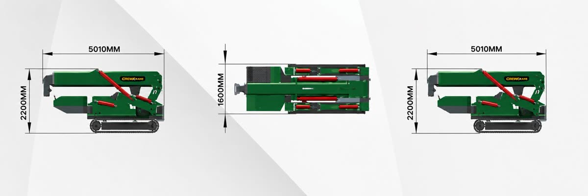 Dimensiones reales de la grúa araña Crewcrane: 5010 mm de largo, 2200 mm de alto y 1600 mm de ancho en configuración de transporte